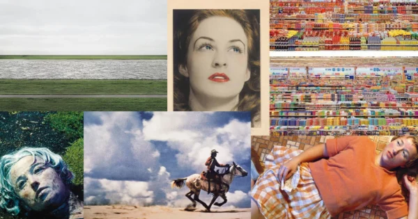 Kolaj kompozisyonda kıyı, nostaljik kadın portre, market rafları, atlı kovboy ve yatan figür; konsept editorial çekim.