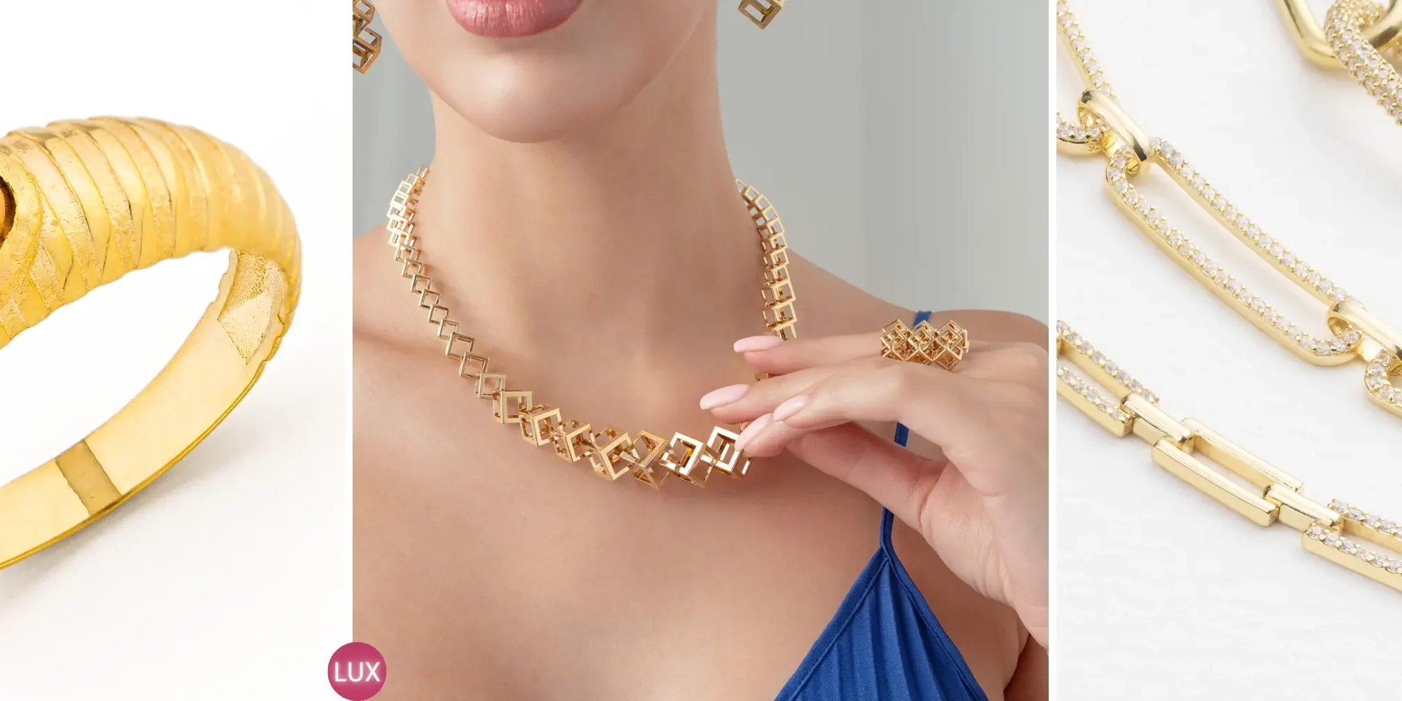 taki cekimi – lux produksiyon Sarı altın kehribar yüzük, model boynundaki kare motifli kolye ve taşlı zincirlerin detay odaklı takı çekimi.