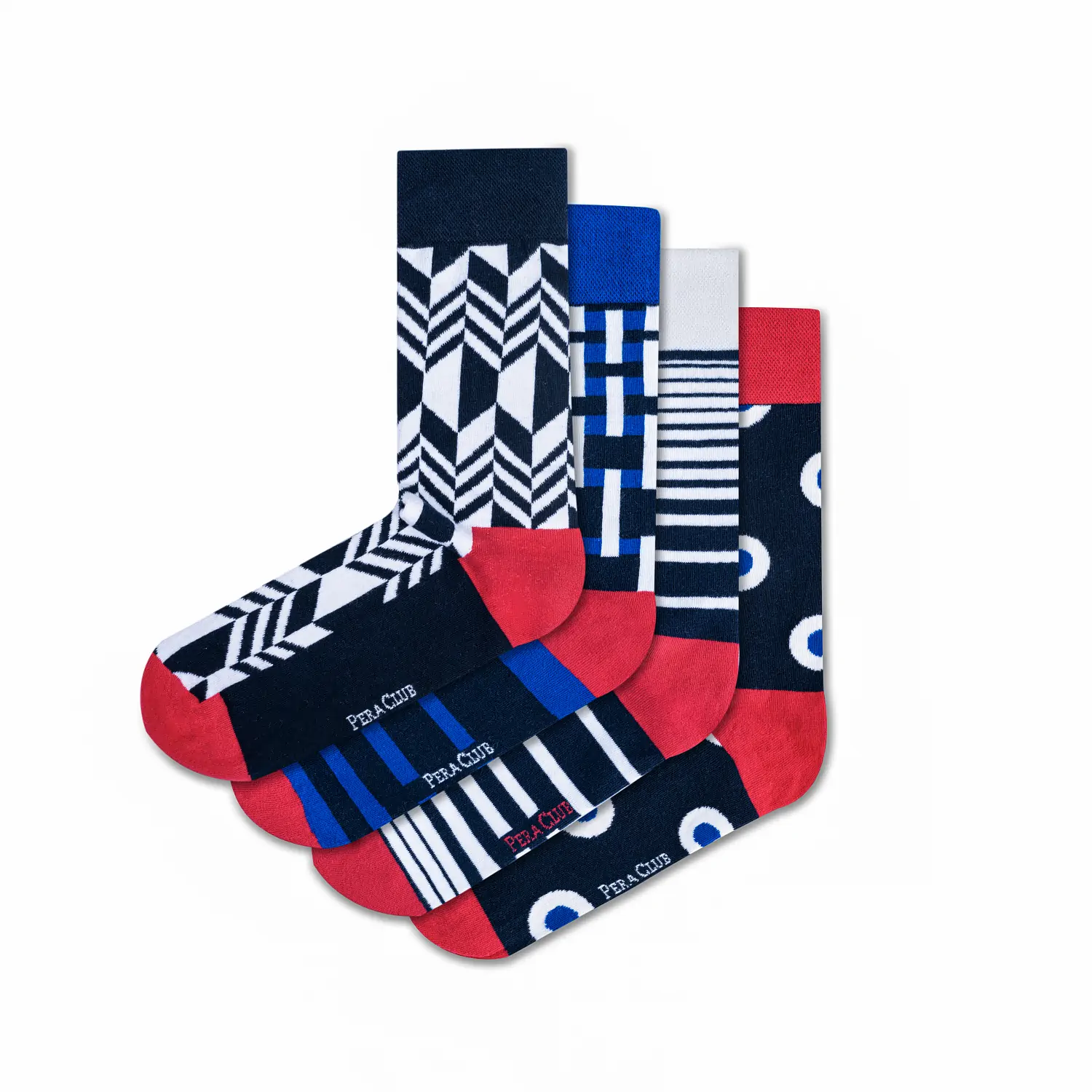A set of socks with navy blue, white, and red patterns on a white background; sock catalog photoshoot