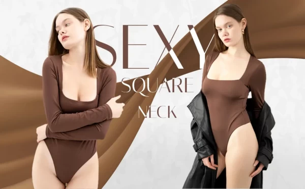 İki modelin kahverengi kare yaka bodysuit giydiği, modern katalog mankenli çekim tarzında beyaz-zemin görsel.