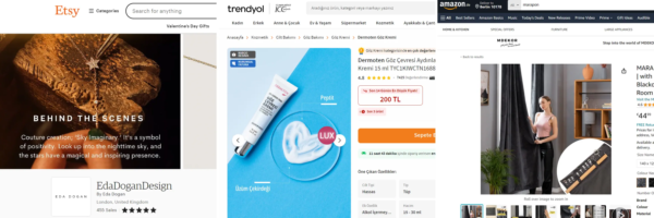 Üç e-ticaret ürün sayfası: ahşapta takı, mavi zeminde göz kremi tüpü ve modelli siyah perde; modern e-ticaret çekimi Berlin