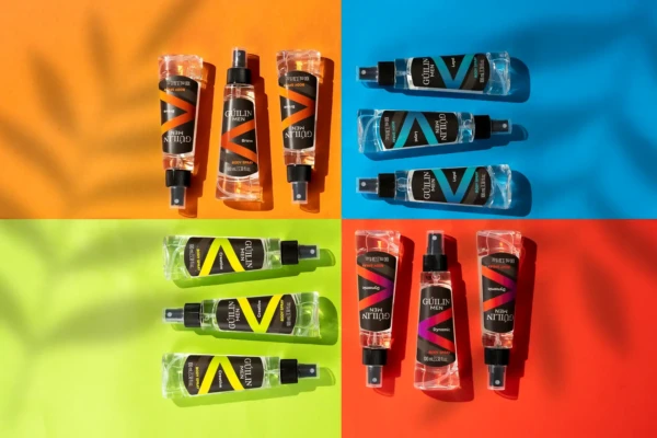 Turuncu, mavi, yeşil ve kırmızı blok fon üzerinde düzenlenmiş şeffaf vücut spreyleri, detay odaklı stüdyo ürün çekimi.