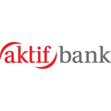 Minimalist white background shot with Aktifbank logo, round accent and Aktifbank logo written in red active and gray bank on white background.