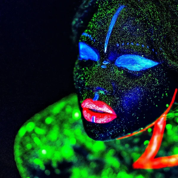 Close-up portrait of face covered with UV paint and green glitter powder on black background, creative portrait shot with red lips.