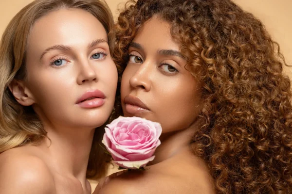 Açık tenli ve esmer makyajlı iki modelin yakın portresi, pembe gülleyle detay odaklı stüdyo kozmetik çekimi.