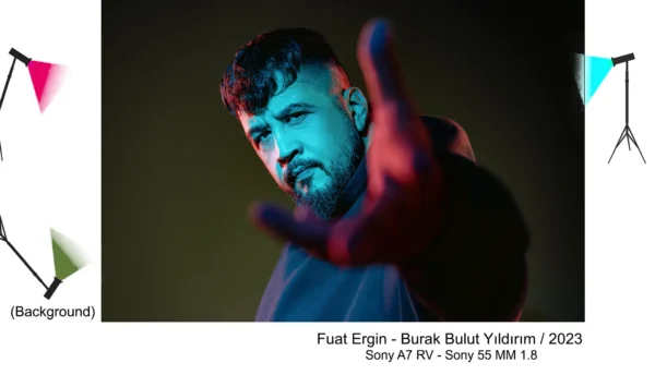 Portrait of man with blurred beard with outstretched hand in foreground, dramatically lit with blue and red side lights, modern studio shot.