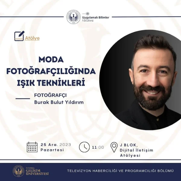 Event title on the left, portrait of a smiling man in a black circle on the right on a white background; modern portrait shot.