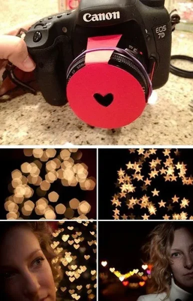 Canon 7D'ye takılı kalp kesimli kırmızı karton filtre ve kalp-yıldız bokeh örnekleriyle yaratıcı özel fotoğrafçılık dersi.