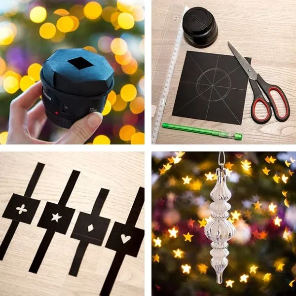 Dört panelli kolajda elde tutulan lens, kesilmiş siyah şablonlar ve yıldız bokeh gösteren yaratıcı flat lay ürün çekimi.