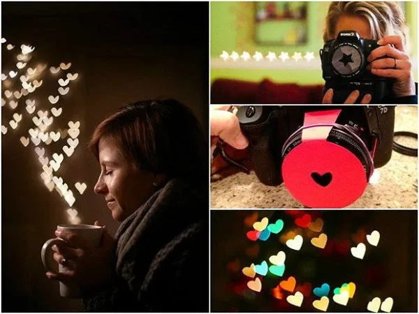 Karanlıkta fincan tutan kadın, kalp şeklinde bokeh ve lens filtresiyle yaratıcı portre çekimi atmosferi.