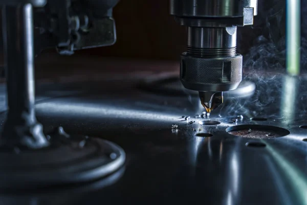Metal levhayı delerken talaş çıkaran freze ucu, mavi vurgu ışıkla detay odaklı makro çekim.