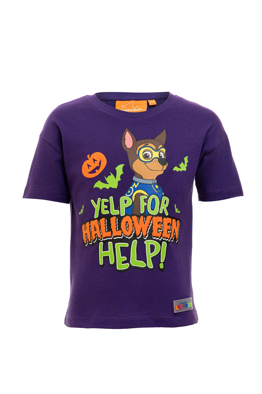 Purple children's T-shirt with a Halloween-themed print on a white background, photographed on a ghost mannequin