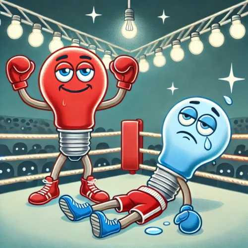 DALL·E 2024-11-10 23.48.32 – Create a humorous illustration depicting a boxing ring with two anthropomorphic lights in a playful fight. The ‘Red Light’ character should look confi DALL·E 2024-11-10 23.48.32 - Create a humorous illustration depicting a boxing ring with two anthropomorphic lights in a playful fight. The 'Red Light' character should look confi